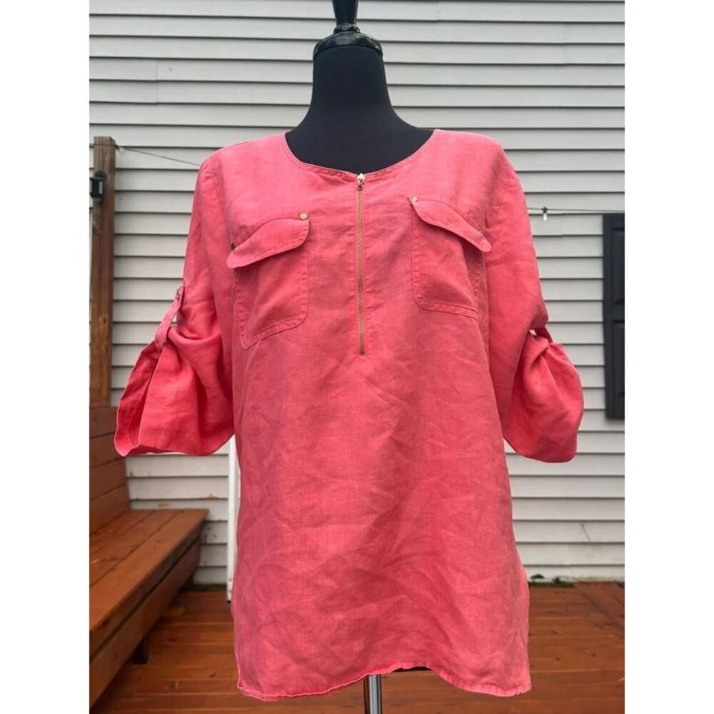 Ellen Tracy Popover Tunic Blouse Size L Pink Linen Half Zip Roll Tab